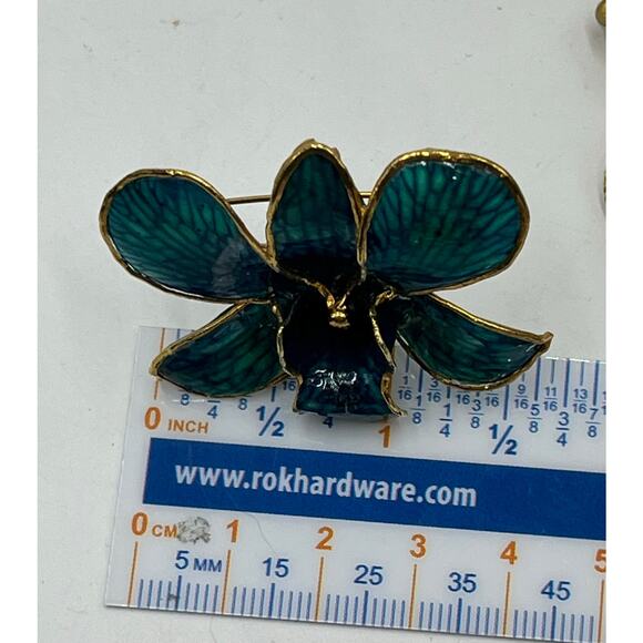 Set of three Floral Flower Mixed Brooch Wearable Lot Jewelry Blue Teal Gold tone - Picture 7 of 10